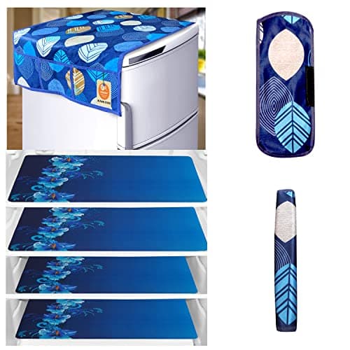 KANUSHI Industries® 1Pc Fridge Cover for Top with 6 Utility Pockets + 2 Handles Covers + 4 Fridge Mats (FRI-Blue-Long-Leave+2-Handle+M-8-04)