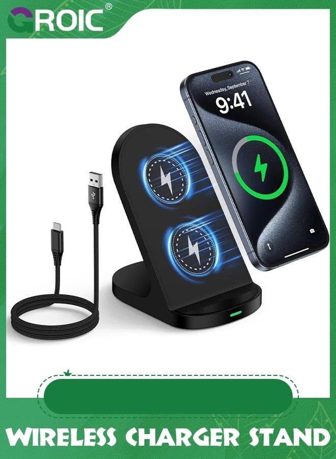 Wireless Charging Station, 15W Fast Wireless Charging Stand for Samsung Galaxy S24 Ultra/S23 FE/S23/S22/Note20, Android Phone Wireless Charger Pad for iPhone 15/14/13/12,Pixel 8a/8 Pro/7a/7 Pro