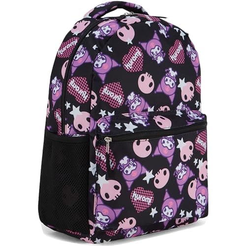 Hello Kitty Allover School Backpack - Hello Kitty, My Melody, Kuromi, Keroppi, Badtz-Maru - Back Pack for Boys, Girls, Women - Official Hello Kitty Character School Bookbag (Kuromi Black)