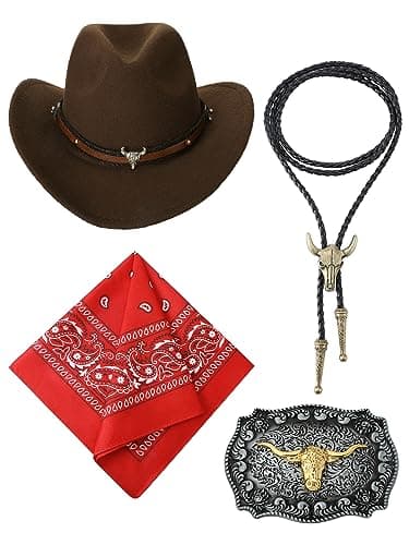 Toulite 4 Pcs Western Cowboy Accessories for Men Cowboy Hat Leather Rodeo Leather Necktie Cow Horn Belt Buckle Paisley Bandana for Western Outfit Halloween Cosplay