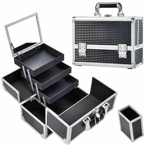 Joligrace Makeup Case Organizer Box 118 Inch Makeup Train Case with Mirror 3Tray Makeup Cosmetic Storage Box with Brush Holder Lockable Large Makeup Organizer Carrying Case Shiny Black