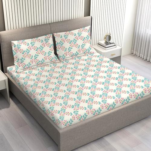 Layers Marigold 100% Cotton Bedsheet Set for All Seasons - Lightweight, Moisture Absorbent, Machine Washable & Easy to Care - Gift for Housewarming & More - 144 TC - King Size (Beige Floral)