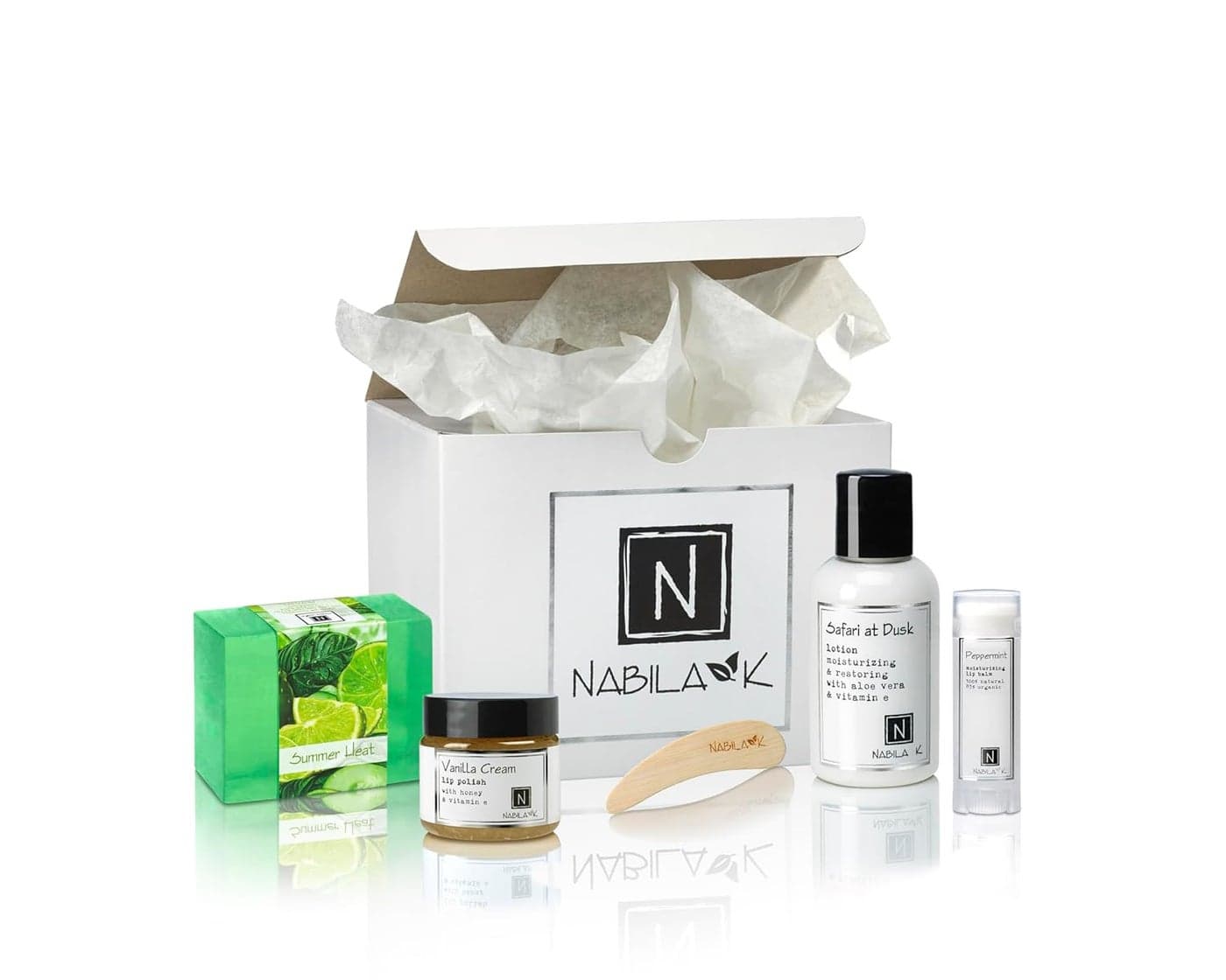 Nabila K Summer Safari Gift Set Includes Summer Heat Soap Safari at Dusk Body Lotion Vanilla Cream Lip Polish Peppermint Lip Balm Luxury Bath Body Kit for Women Men ReadytoGift Spa Box