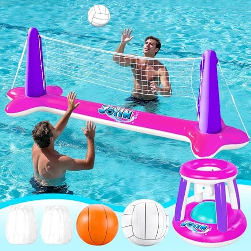 JOYIN Inflatable Pool Float Set Volleyball Net Basketball Hoops Floating Swimming Game Toy Floaties for Kids and Adults Volleyball Court 105x28x35Basketball 27x23x27LPink Purple