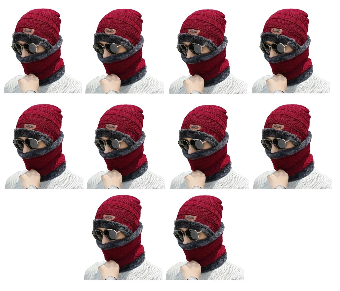 Zacharias Unisex Winter Woolen Cap with Neckmuffler/Neckwarmer cw-13 (Maroon_Free Size) (Pack of 10 Pair)