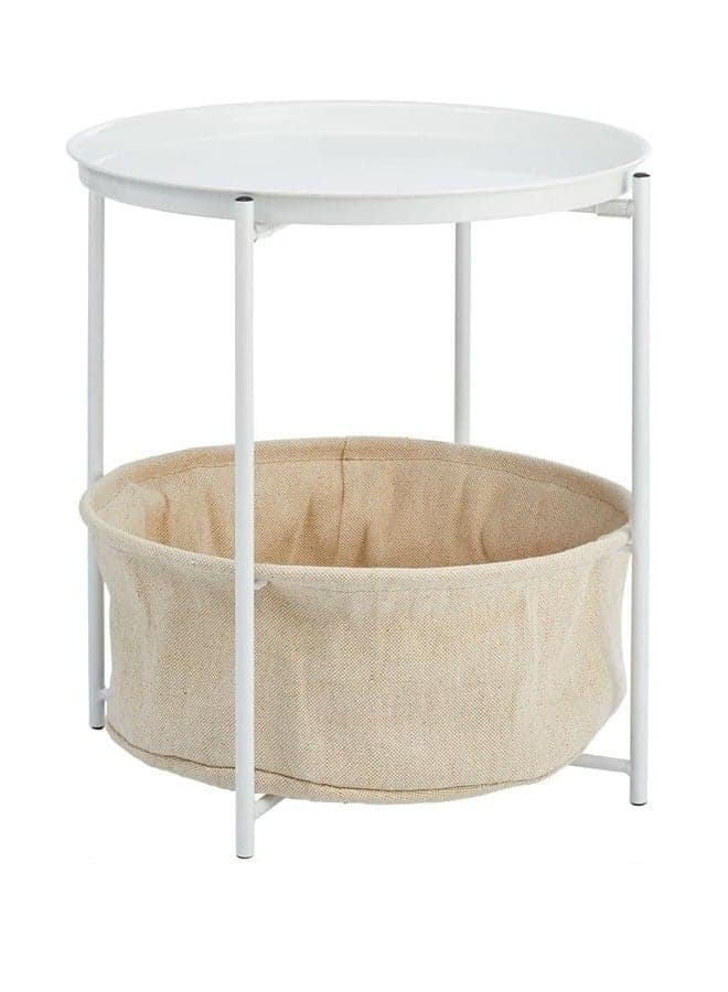 Solid wood round table small coffee table white iron plate top with khaki cloth bag