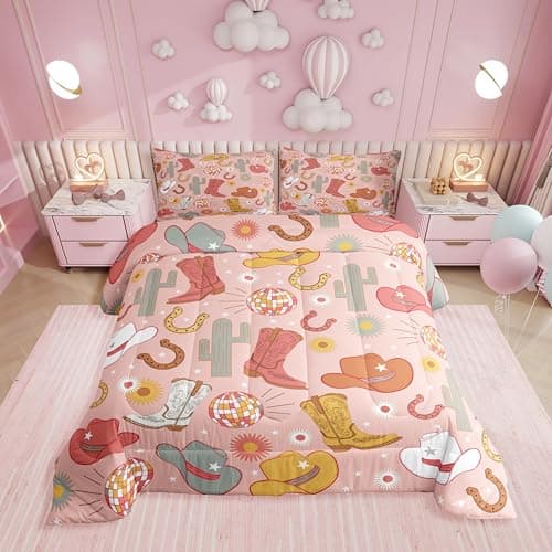 Erosebridal Cowgirl Boots Hats Twin Bedding Set,Pink Disco Ball Comforter Set for Girls Kids Teen,Western Cactus Horseshoe Comforter,Rustic Country Bedroom Room Decor,1 Pillowcase Breathable