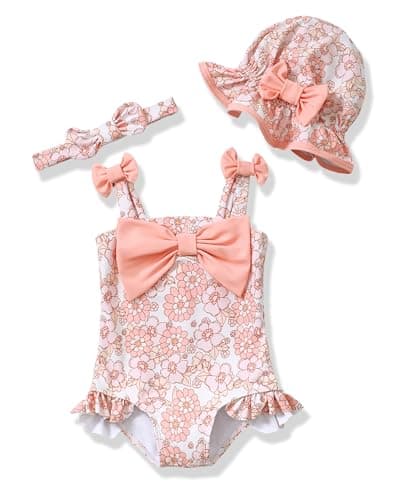 Renotemy 3-6 Month Swimsuit Girl Infant One-Piece Baby Swimwear Sleeveless Baby Bikini Tankini Rash Guard Pink Floral Swimsuit Baby Girl Bathing Suit 3-6 Months with Sunhat Baby Girl Beach Outfit