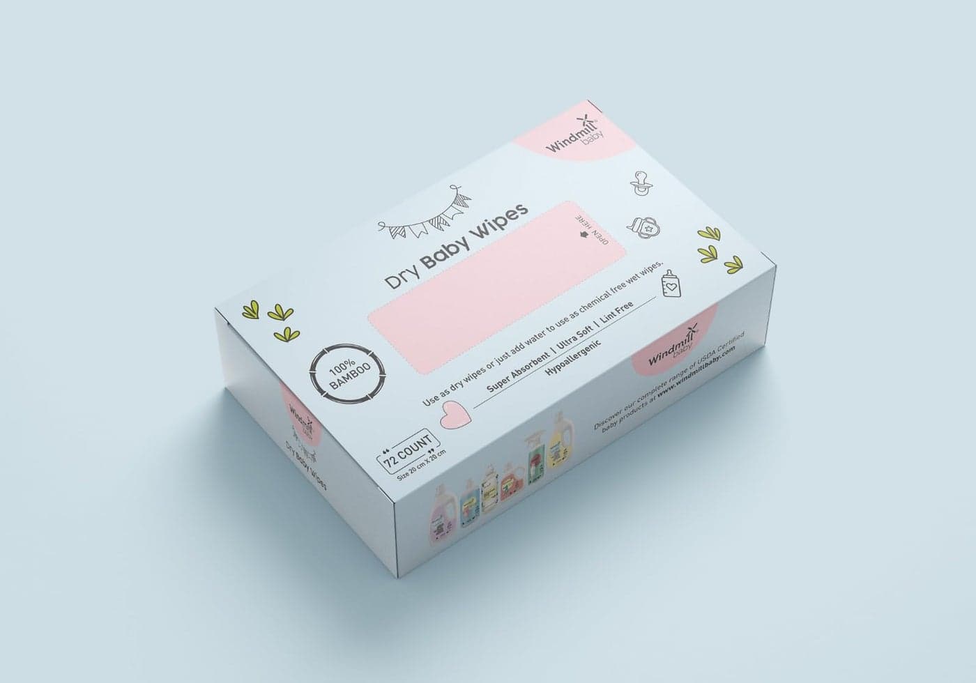 Windmill baby Natural Dry Baby Wipes, 100% Chemical Free, Fragrance Free Bamboo Wipes, Hypoallergenic, for rash free diapering, face cleaning & more (20cm x 20cm) - 72 count