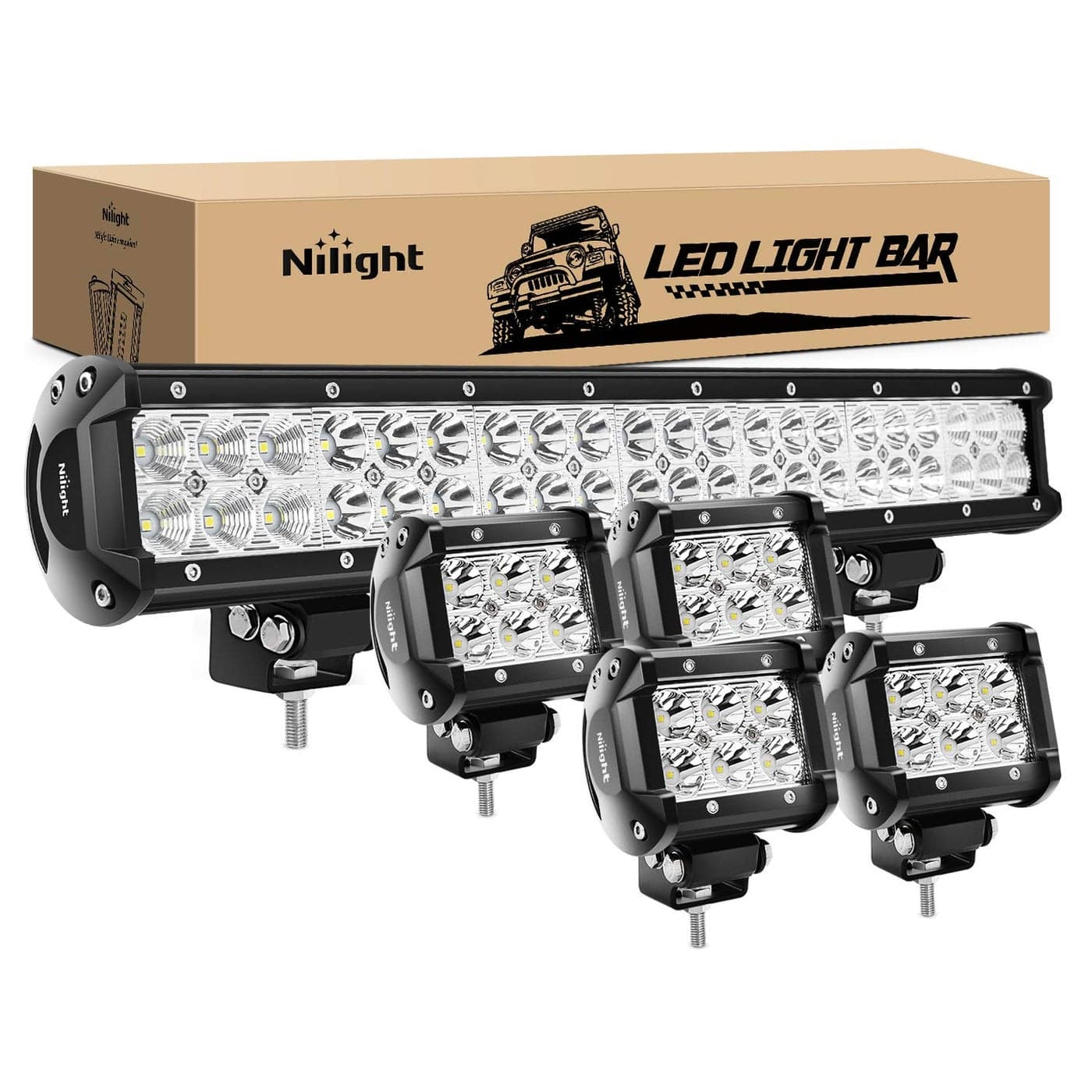 Nilight ZH003 20Inch 126W Spot Flood Combo Led Light Bar 4PCS 4Inch 18W Spot LED Pods Fog Lights for Jeep Wrangler Boat Truck Tractor Trailer OffRoad 2 Years Warranty