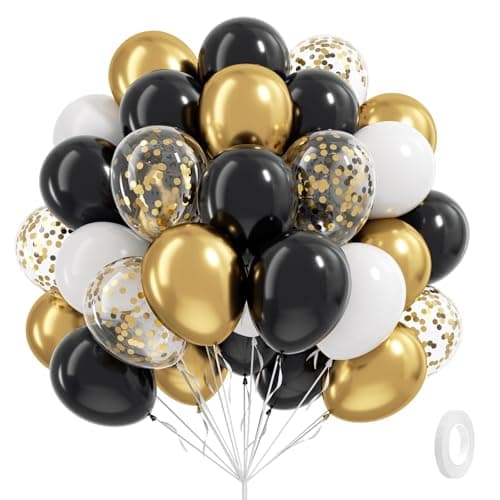 Black White and Gold balloons 60pcs 12inch Black White Metallic Gold Confetti Balloons for Graduation 2025 Anniversary Birthday Party Decorations