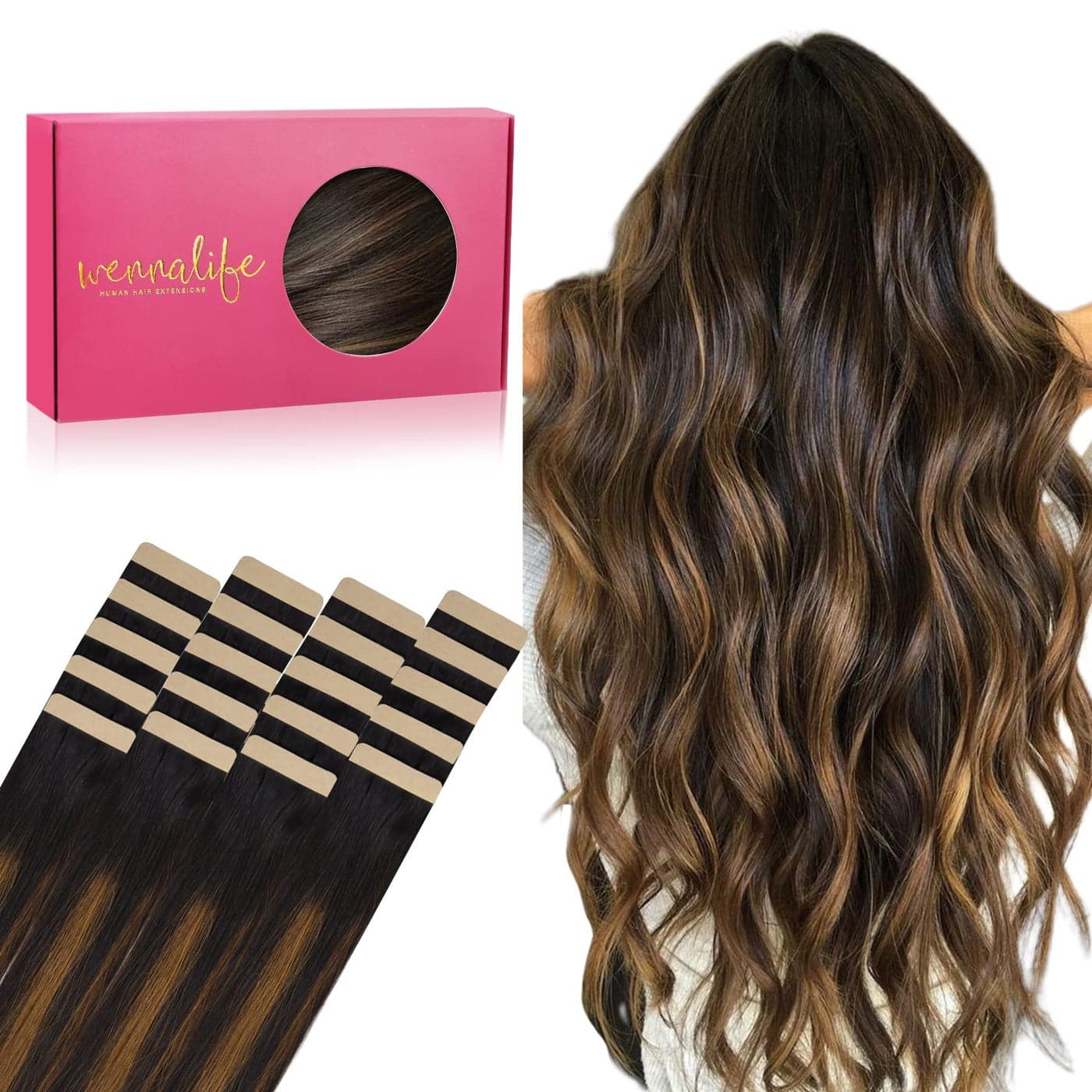 WENNALIFE Tape in Hair Extensions Human Hair 20pcs 50g 20 inch Natural Black Mixed Chestnut Brown Remy Hair Extensions Straight Human Hair Tape in Extensions Skin Weft Tape Extensions Human Hair