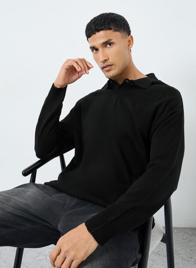 Men Black Long Sleeve Polo Knit Sweater