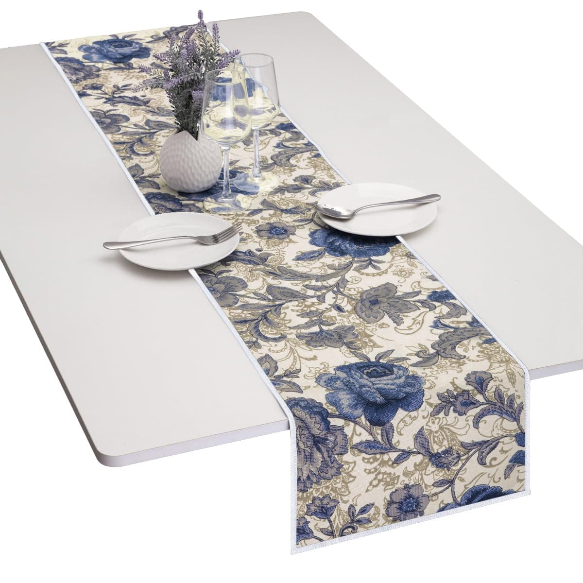 mookaitedecor Cotton Table Runner Blue Flower Table Runners for Dinner Parties Weddings Decor Everyday Use 12 x 60 Inch