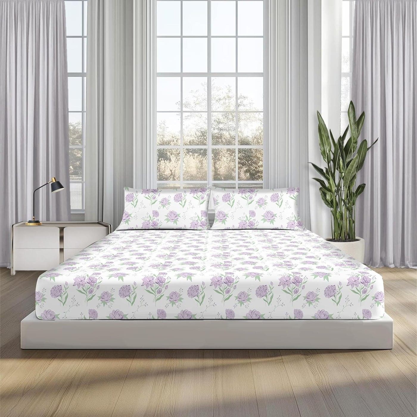Sleepsia Lounge 100 Cotton Lavender Primerose Print Premium King Size Bedsheet for Double Bed Soft Breathable 180 TC Bed Sheet for Bedroom WrinkleResistant Lavender Off White King