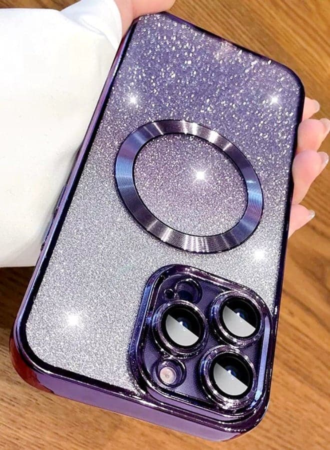 Magnetic Glitter Case for iPhone 16 Pro with Camera Lens Protector, MagSafe Compatibility, Luxury Plating, Cute Bling Sparkly Clear Slim Shockproof Phone Cover for Women and Girls,Purple