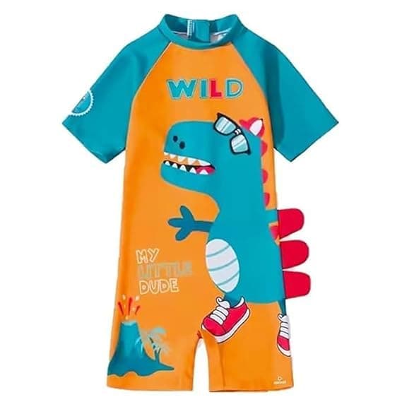 KRESHU One-Piece Baby Kids Swimwear Suit Set Zipper Bathing Half Sleeves Swimming Costume Wild Dinosaur Beach Wear Outdoor Water Sports Skating for Toddler Baby Girls Boys (Blue, 4-Years)