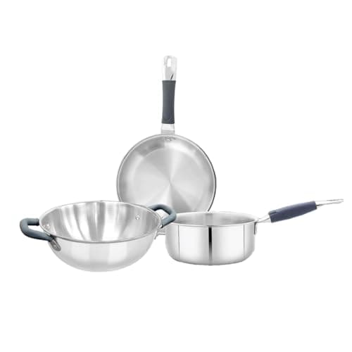 Shri & Sam Triply 3 Pcs Stainless Steel Cookware Set, Kadhai 24 cm, Sauce Pan 16 cm, Fry Pan 24 cm Works on Induction, Gas Ready
