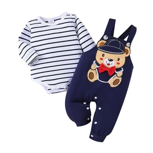 TOKIAGO 9-12 Month Boy Clothes Fall Winter Baby Outfits Blue Striped Romper Infant Cute Bear Overall Adjustable Suspender Pants Set 9-12 Months