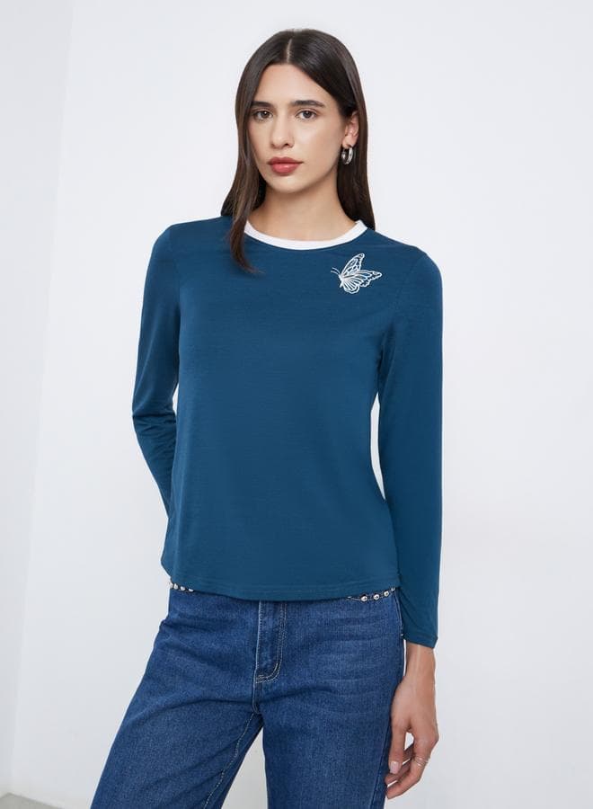 Blue Embroidered Butterfly T-Shirt — L