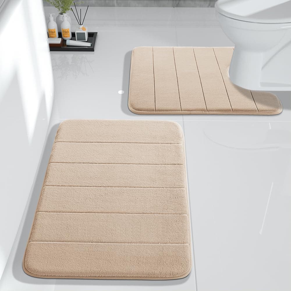 Yimobra UShaped Toilet Bath Mat Set 2 Piece Super Soft Absorbent Quick Dry Memory Foam Bathroom Rugs Machine Washable Non Slip Floor Carpet for Tub Shower Single Sink 17x24 24x20 Beige