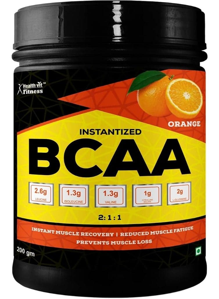 Healthvit Fitness BCAA 6000mg 2:1:1 with L-Glutamine & L-Citrulline Malate, 200g(Orange) (10 Servings) Tangy Orange