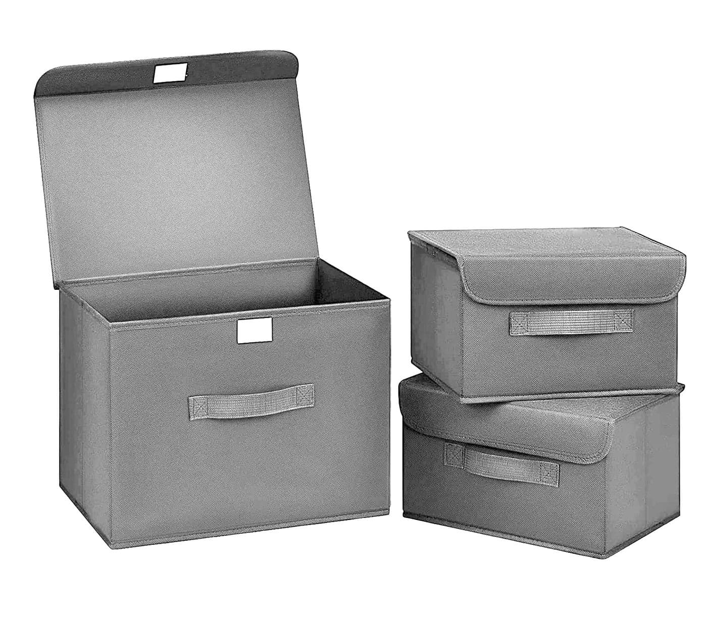 House of Quirk 3 Pack Foldable Storage Bin with Lid and Handle, Versatile Storage Baskets Boxes for Toys, Clothes, Papers, Books, Makeups (Grey)