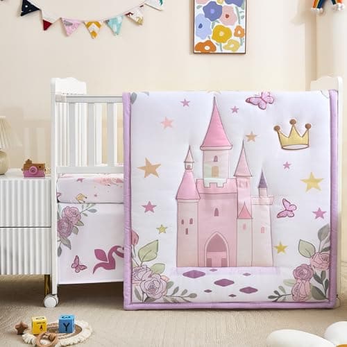 NacoMoco 3-Piece Crib Bedding Set for Girls - Ultra Soft Baby Bedding Set Includes Crib Comforter, Sheet & Skirt (Purple)