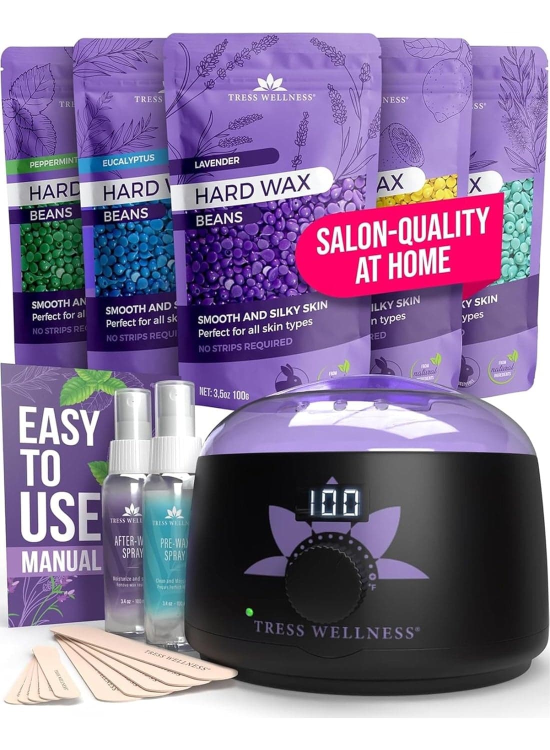 Tress Wellness Waxing Kit for Brazilian Wax - Easy to Use - For Sensitive Skin - Digital Display, Black Purple Flower — 2K