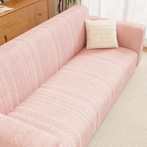 Lukzer 3 Seater Pastel Pink Zigzag Pattern Sofa Cover | 240 GSM Universal Stretch Fit Jacquard Fabric Couch Protector | Fully Covered Anti Slip & Washable Sofa Cover (180-230cm/SC-078-03)