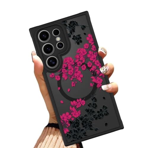 OOK Case Fit for Samsung Galaxy S24 Ultra 68 Inch Wireless Charging Compatible Hot Pink Floral Flowers Translucent Phone Cover Soft TPU Hard PC AntiScratch Shockproof Magnetic Case for Women