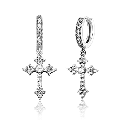 JINAO Cross Hoop Dangle Earrings 14K Gold Plated 5A+ Cubic Zirconia Cartilage Hypoallergenic Sterling Silver Cross Dangle Drop Earrings For Men Women-Hot Silver
