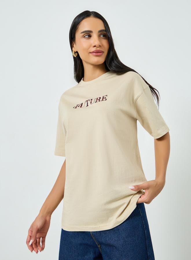 Beige Oversized Graphic Print Cotton T-Shirt