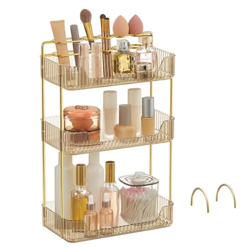 SONGMICS Makeup Organizer 3Tier Skincare Organizer Countertop Customizable 2 Types of Accessories Jewelry Holder for Vanity Bedroom Bathroom Champagne Gold UJKA013A01