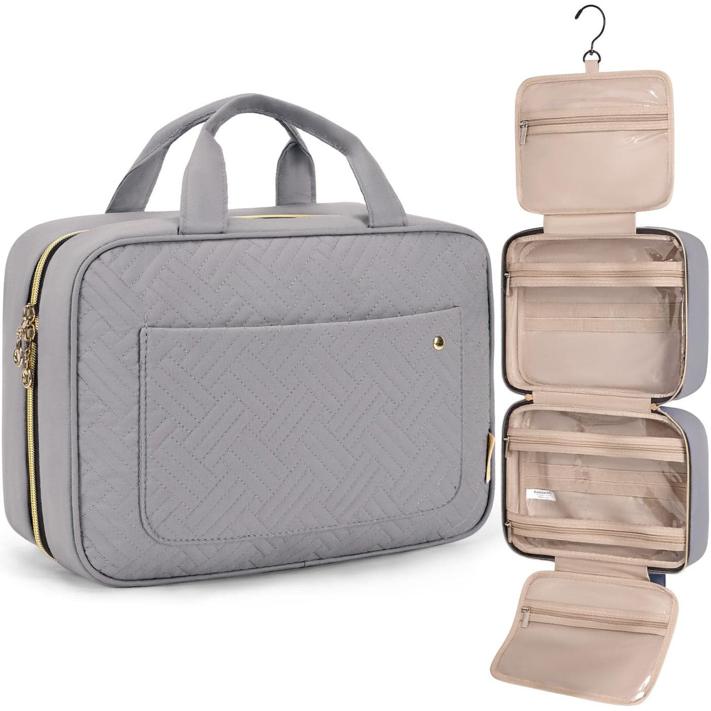 BAGSMART Toiletry Bag Travel Bag with Hanging Hook, Water-resistant Makeup Cosmetic Bag Travel Organizer for Accessories, Shampoo, Full Sized Container, Toiletries (Medium-Grey)