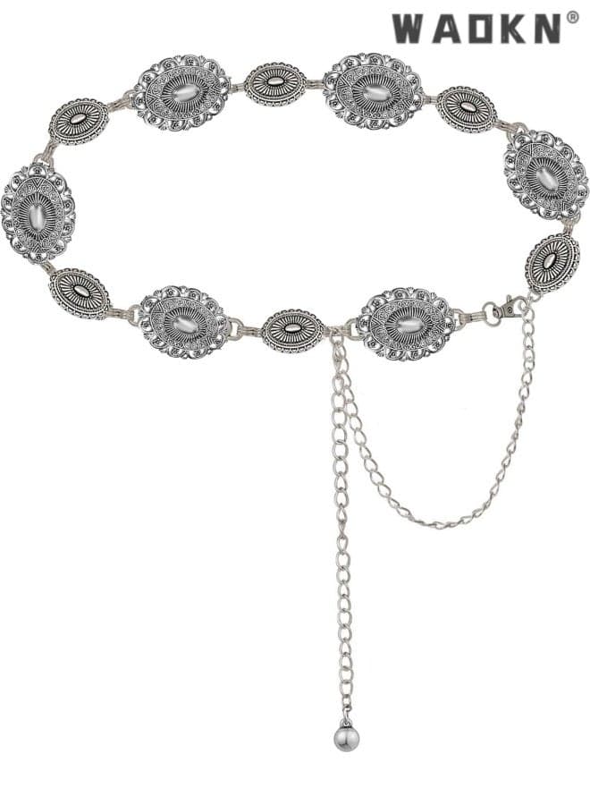 1pcs Women cowgirl-Metal-Belts Boho Silver Vintage Turquoise Chain Belt for Dress and Jeans , for summer autumn,Versatile retro carved waist chain , sturdy and durable , suitable for women , silver , 110cm .