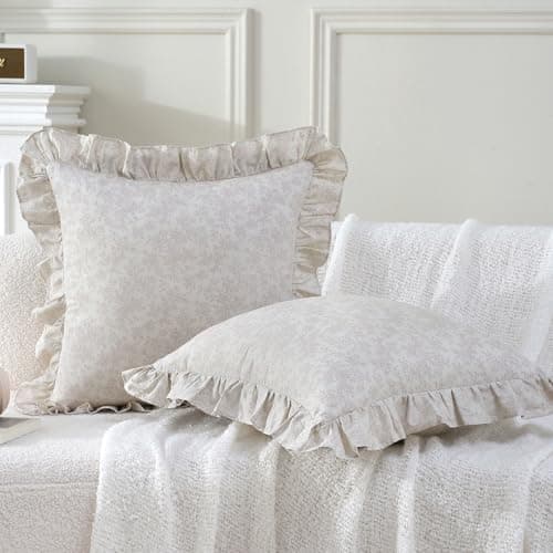 YOKKITA 2 Pack Floral Print Ruffle Throw Pillow Covers, 100% Cotton Shabby and Chic French Country Pillow Shams for Bed/Sofa Zipper Closure-18''x18'', Pattern D