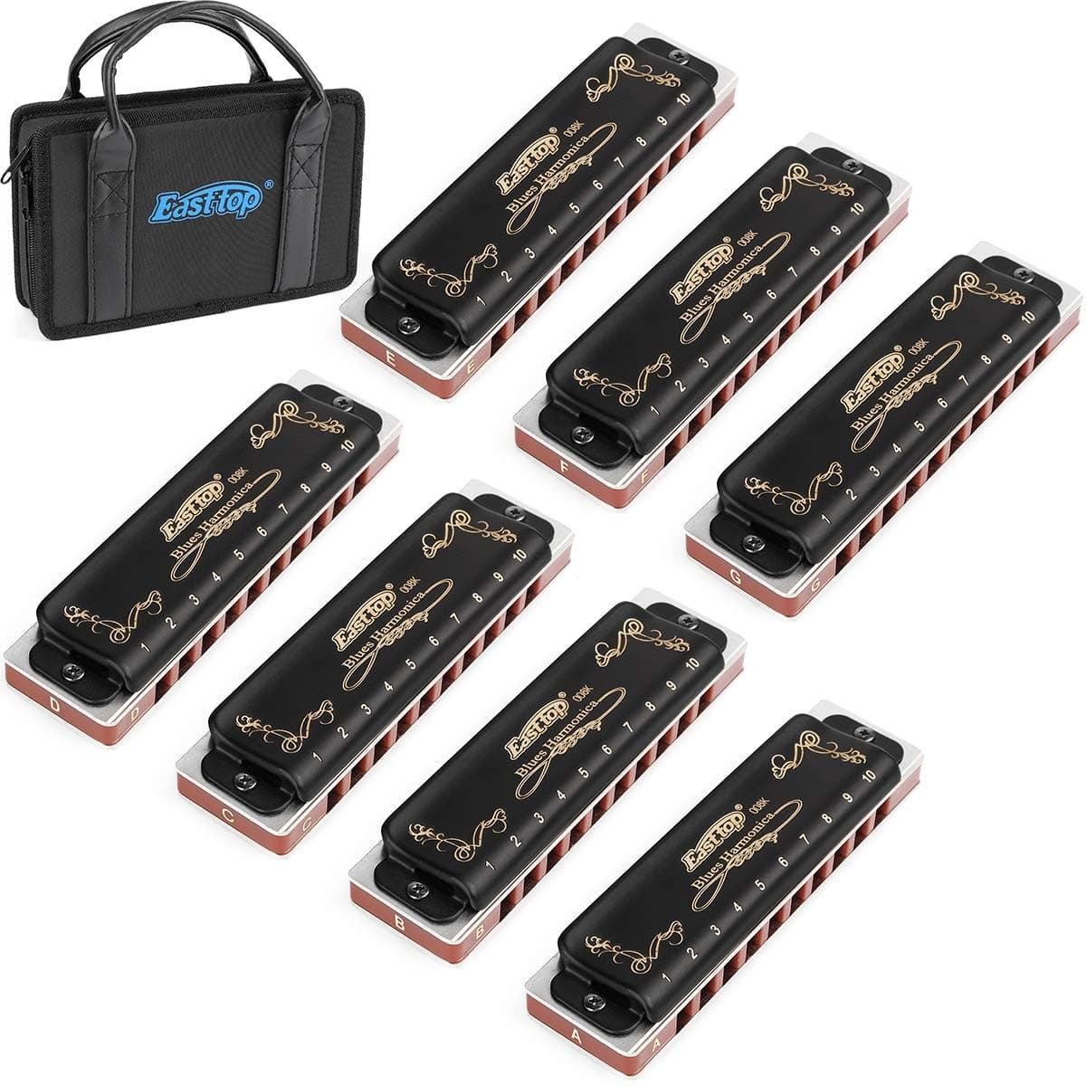Easttop Harmonica Sets 7 Keys in Key of A B C D E F G 10 Hole 20 Tones with Case Bag Cleaning Cloth for Adult Professional PlayerBeginnerHeavy Duty Black