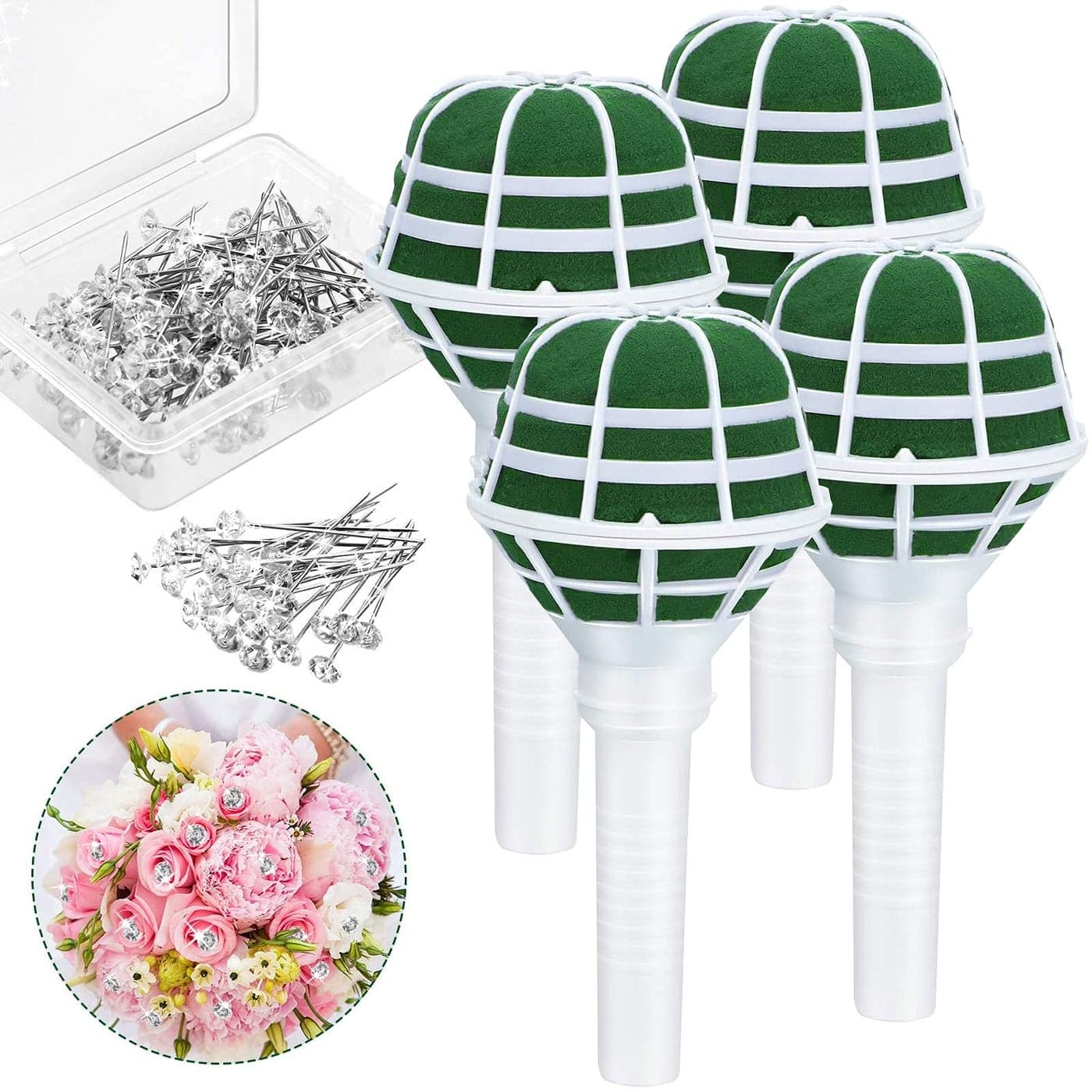 Bride Flower Bouquet Holder Wedding Bridal Foam Floral Handle Holders for Bride Artificial Flowers Decoration with 50 Pieces Wedding Bouquet Pins4 Pieces