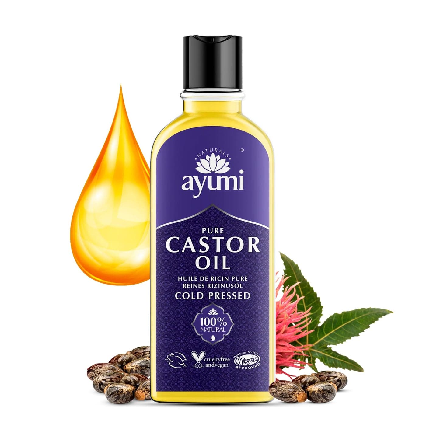 Ayumi Pure Castor Oil for Face Body Cold Pressed Hair Growth Oil Castor for Eyelashes Beauty Cuticle Oil for Nails Natural HairOil for Frizzy Hair BeardOil for Mens Grooming 508Floz