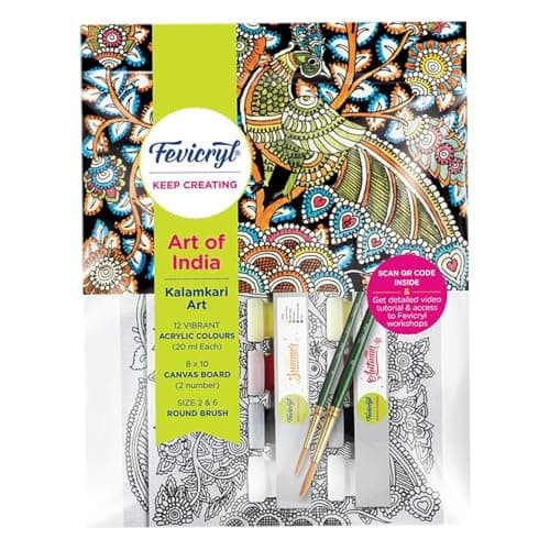 Fevicryl DIY Art of India Kalamkari Art kit DIY Acrylic Painting Set with Acrylic Paints 12 Shades Set of 2 Round Brushes PreDesigned Canvas 8 x10 Ideal for Festive Gifting