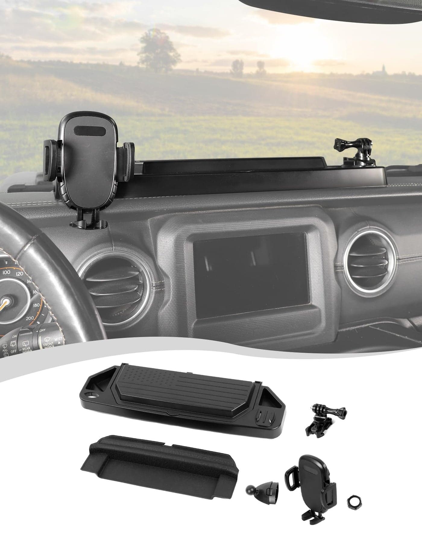 Hoolcar Dash Phone Mount Holder for 2018-2023 Jeep Wrangler JL 2/4 Door & Gladiator JT Accessories Dashboard Storage Box Dash Board Tray with Cover, Interior Accessories