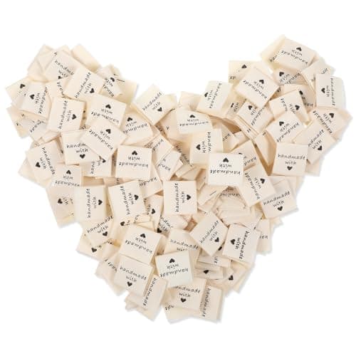 200PCS Sewing Labels for Handmade Items, Handmade with Love Embossed Tags Sew on Clothing, Fabric Labels for DIY Crafts Knitting Crocheting Sewing (Light Yellow)