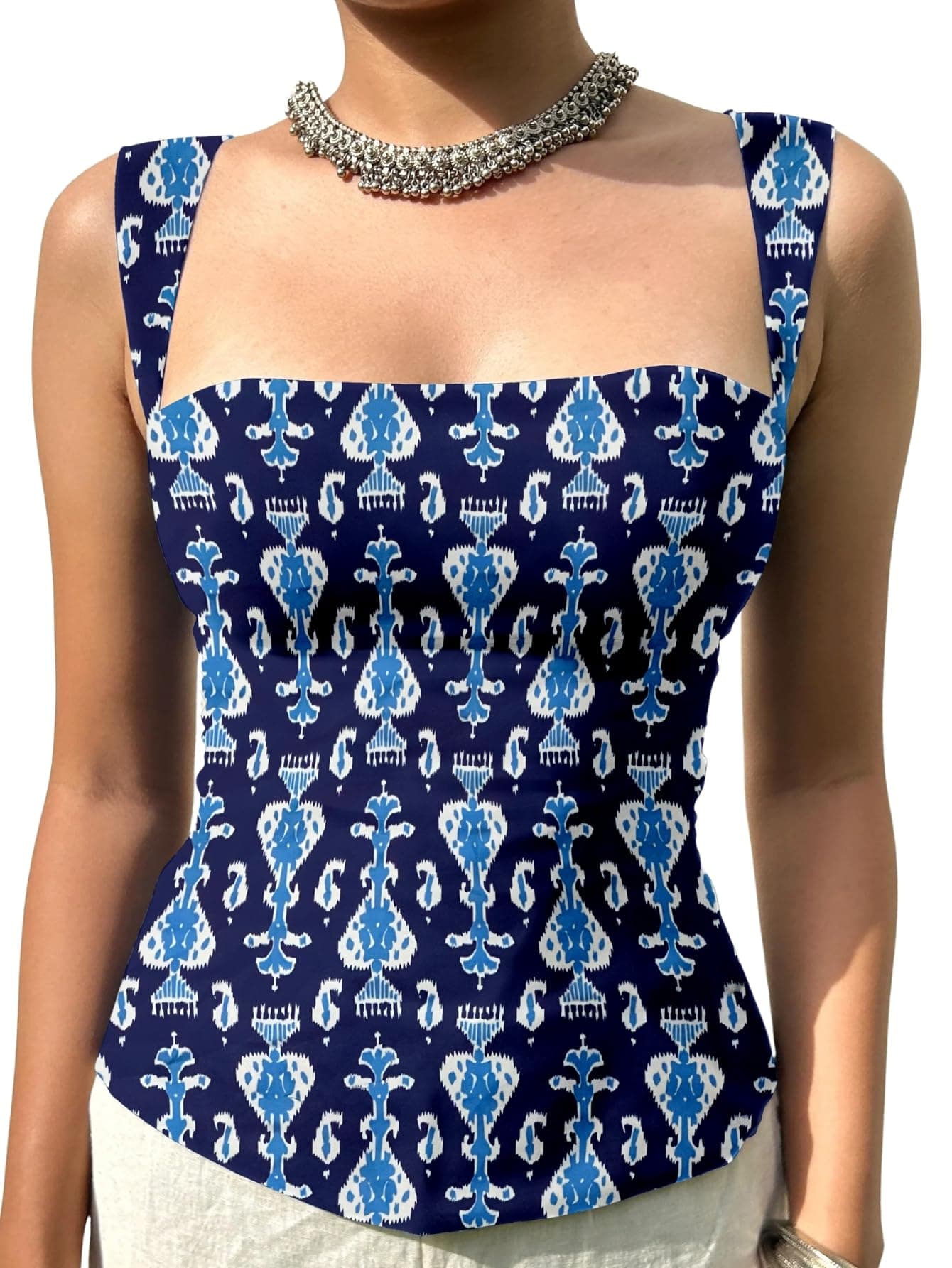Aahwan LBlue Printed Square Neck Sleeveless Backless Short Indo-Western Ethnic Kurti Top for Women's & Girl's (357-LBlue-M)
