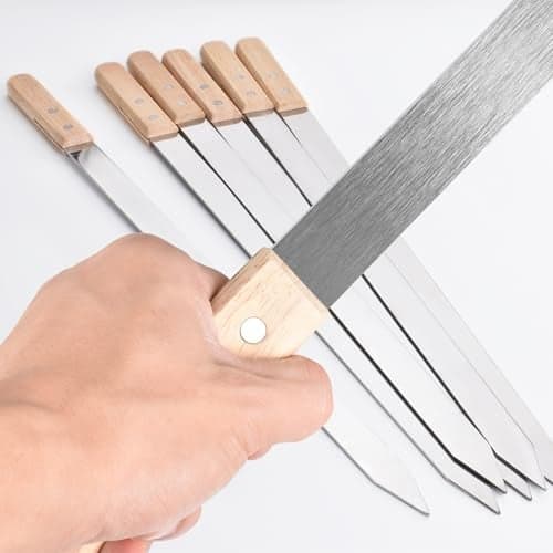 HONSHEN Flat Kabob Skewers 23.5 Inch Long,7/8 inch Wide Heavy Duty Stainless Steel Grilling BBQ Skewer with Wood Handle for Making Koubideh Persian Brazilian Chicken Shrimp Kebab-Set of 6