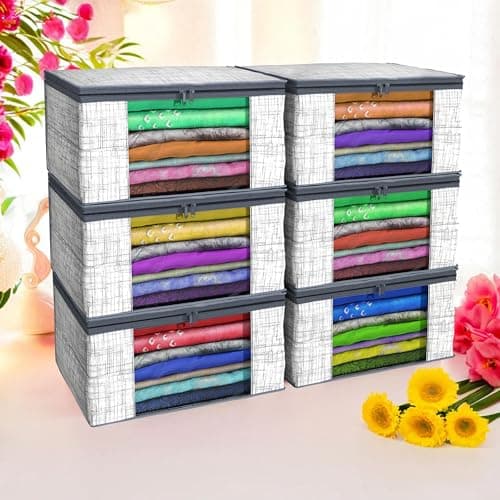 Kuber Industries (Pack of 6) Saree Covers | Foldable Storage Bag for Almirah & Wardrobe | Non-Woven Saree Bags (9 Inch) Clothes Bag for Women (Jute-Printed) Sari Cover Bags | Grey