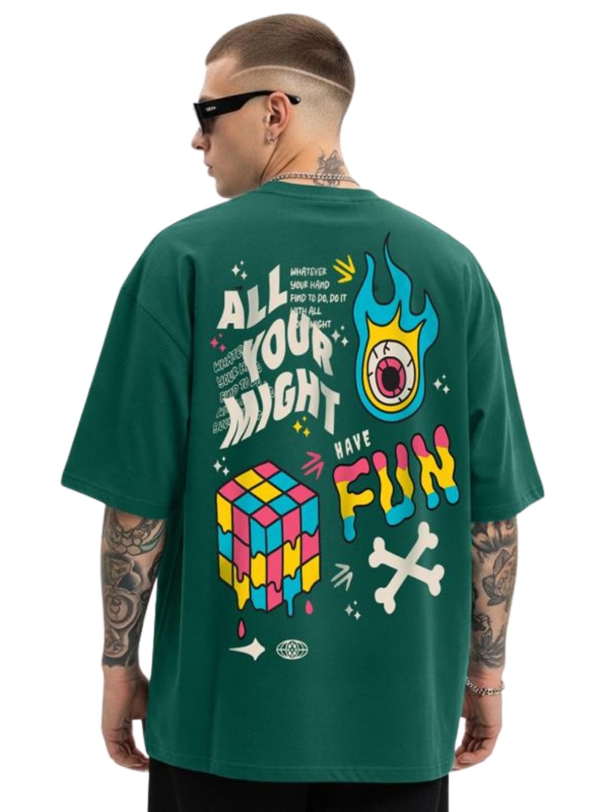 Veirdo® Cotton Overiszed Baggy Fit Drop Shoulder Front & Back Graphic Printed Round Neck T-Shirt for Men (OS_100_VDBFKNOMR_GRN117_L)