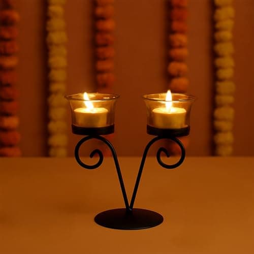 MARKET 99 Metal+Glass 2 Votive T-Light Holder Leaf Shape | Decorative Candle Holder for Diwali, Christmas, Birthday & Wedding | Elegant Home Décor Accent for Festive & Ambient Lighting | Golden & Blue