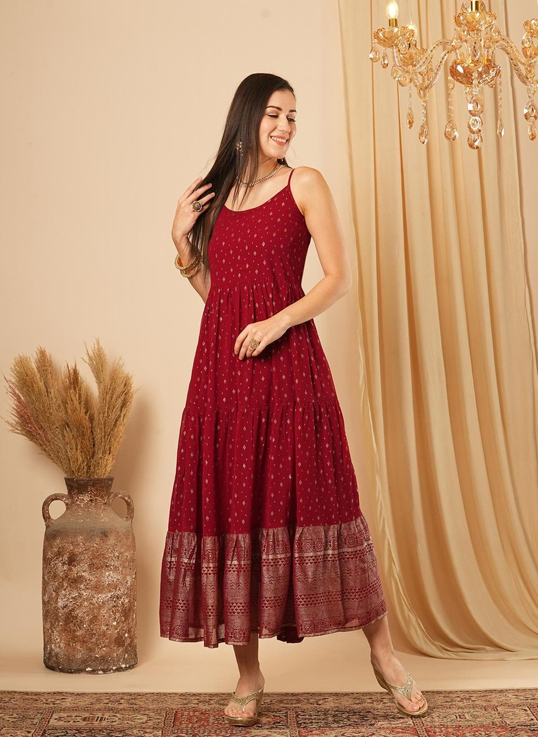 Globus Women's Maroon Gold Foil Printed Festive Ethnic Dress with Round Neck and Pleated Flared Design