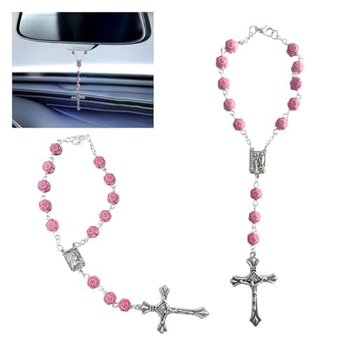 2PCS Pink Rosary Pendant Car Interior Rear View Mirror Charm Auto Decors Medal and Cross Personalized Hanging Accessories for Women Men Rose